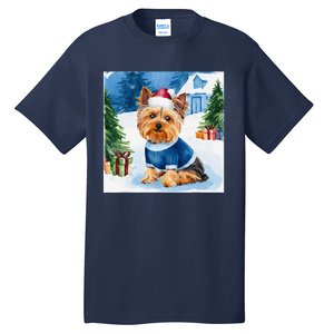 Christmas Yorkshire Terrier Dog Santa Hat In Xmas Snow Tall T-Shirt