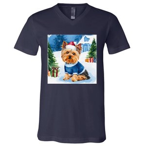 Christmas Yorkshire Terrier Dog Santa Hat In Xmas Snow V-Neck T-Shirt