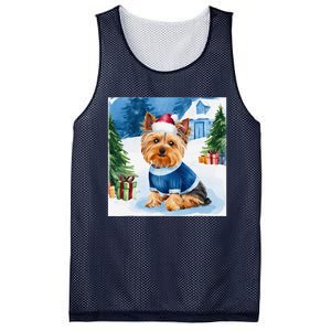 Christmas Yorkshire Terrier Dog Santa Hat In Xmas Snow Mesh Reversible Basketball Jersey Tank