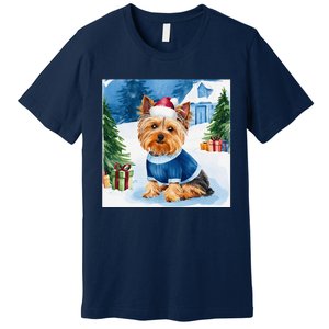 Christmas Yorkshire Terrier Dog Santa Hat In Xmas Snow Premium T-Shirt