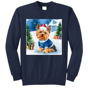 Christmas Yorkshire Terrier Dog Santa Hat In Xmas Snow Tall Sweatshirt