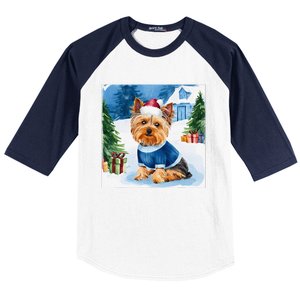 Christmas Yorkshire Terrier Dog Santa Hat In Xmas Snow Baseball Sleeve Shirt