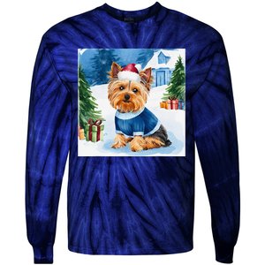 Christmas Yorkshire Terrier Dog Santa Hat In Xmas Snow Tie-Dye Long Sleeve Shirt