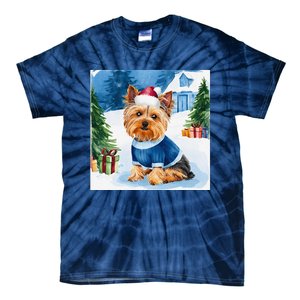 Christmas Yorkshire Terrier Dog Santa Hat In Xmas Snow Tie-Dye T-Shirt