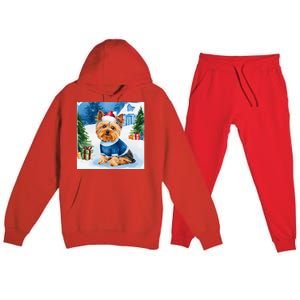 Christmas Yorkshire Terrier Dog Santa Hat In Xmas Snow Premium Hooded Sweatsuit Set