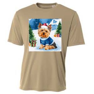 Christmas Yorkshire Terrier Dog Santa Hat In Xmas Snow Cooling Performance Crew T-Shirt