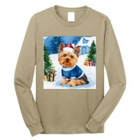 Christmas Yorkshire Terrier Dog Santa Hat In Xmas Snow Long Sleeve Shirt