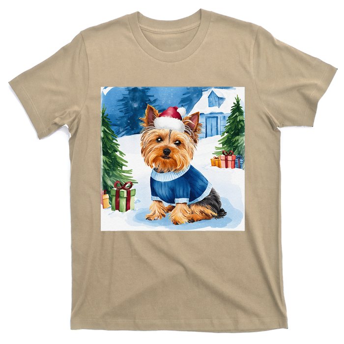 Christmas Yorkshire Terrier Dog Santa Hat In Xmas Snow T-Shirt