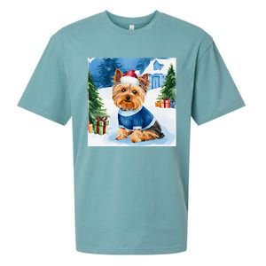 Christmas Yorkshire Terrier Dog Santa Hat In Xmas Snow Sueded Cloud Jersey T-Shirt