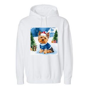 Christmas Yorkshire Terrier Dog Santa Hat In Xmas Snow Garment-Dyed Fleece Hoodie