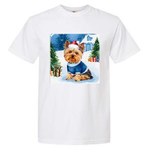 Christmas Yorkshire Terrier Dog Santa Hat In Xmas Snow Garment-Dyed Heavyweight T-Shirt