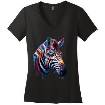Colorful Zebra Dripping Women's V-Neck T-Shirt