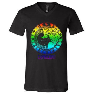 Capricorn Zodiac Sign Rainbow December January Birthday V-Neck T-Shirt