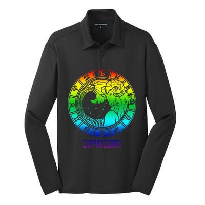 Capricorn Zodiac Sign Rainbow December January Birthday Silk Touch Performance Long Sleeve Polo