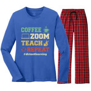 Coffee Zoom Teach Repeat Retro Teacher Distance Learning Gift Women's Long Sleeve Flannel Pajama Set 