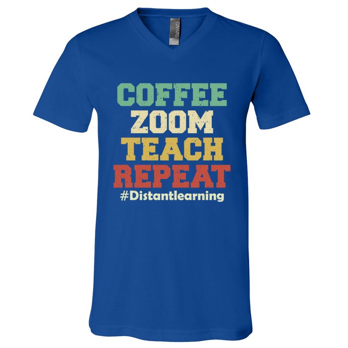 Coffee Zoom Teach Repeat Retro Teacher Distance Learning Gift V-Neck T-Shirt