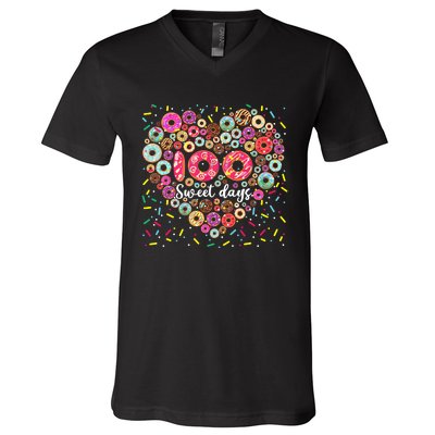 Donuts 100 Sweet Days Happy 100th Day Of School Teacher V-Neck T-Shirt