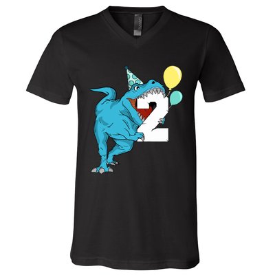 Dinosaur 2nd Birthday Boy T-Rex 2 Two Year Old V-Neck T-Shirt