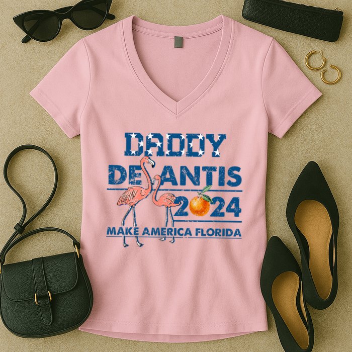 Daddy 2024 Desantis Make America Florida Flamingo And Orange Women's V-Neck T-Shirt