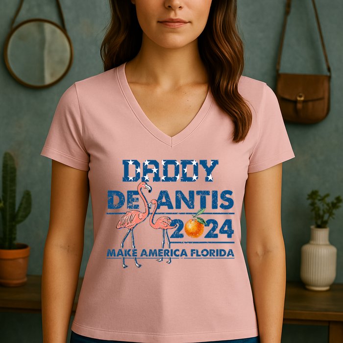Daddy 2024 Desantis Make America Florida Flamingo And Orange Women's V-Neck T-Shirt