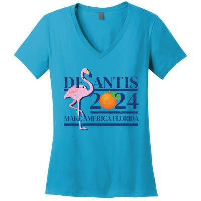 Desantis 2024 Make America Florida Flamingo Election Cute Gift Women's V-Neck T-Shirt