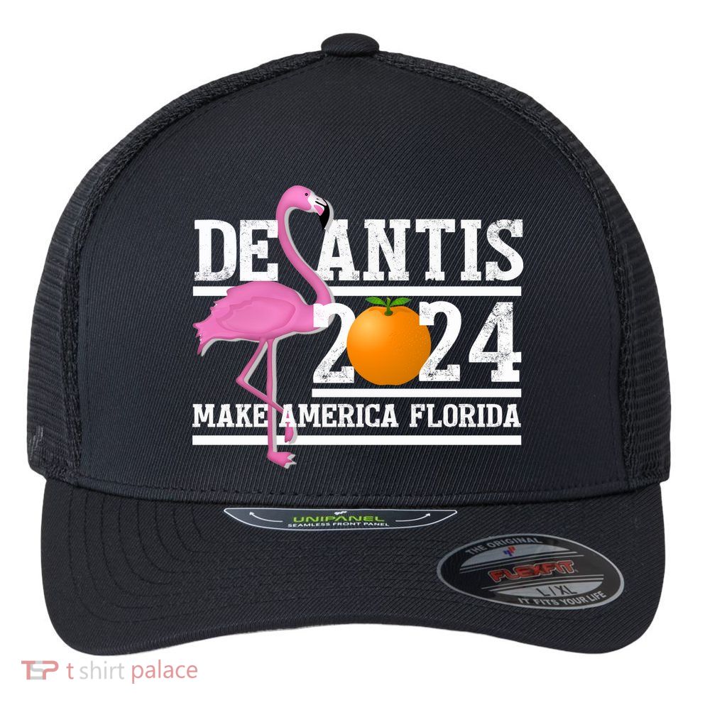 DeSantis 2024 Make America Florida Flamingo Election Flexfit Unipanel Trucker Cap