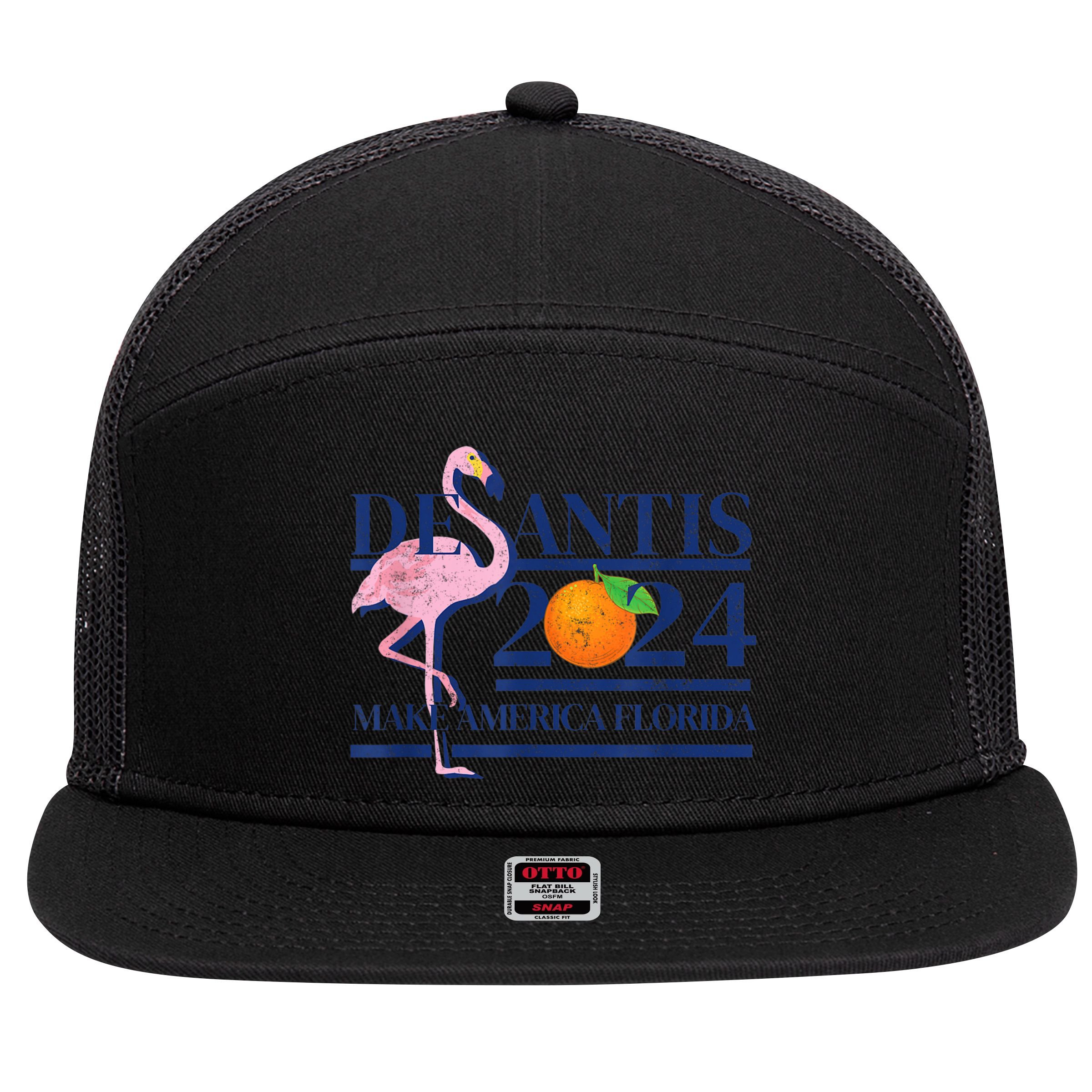 DeSantis 2024 Make America Florida Flamingo Election 7 Panel Mesh Trucker Snapback Hat