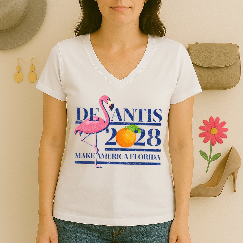 Desantis 2028 Make America Florida Ron Desantis 48 Flamingo Women's V-Neck T-Shirt