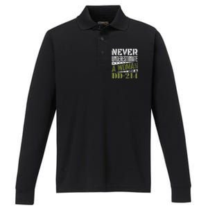 DD 214 Never Underestimate A Woman With DD214 Veteran Performance Long Sleeve Polo