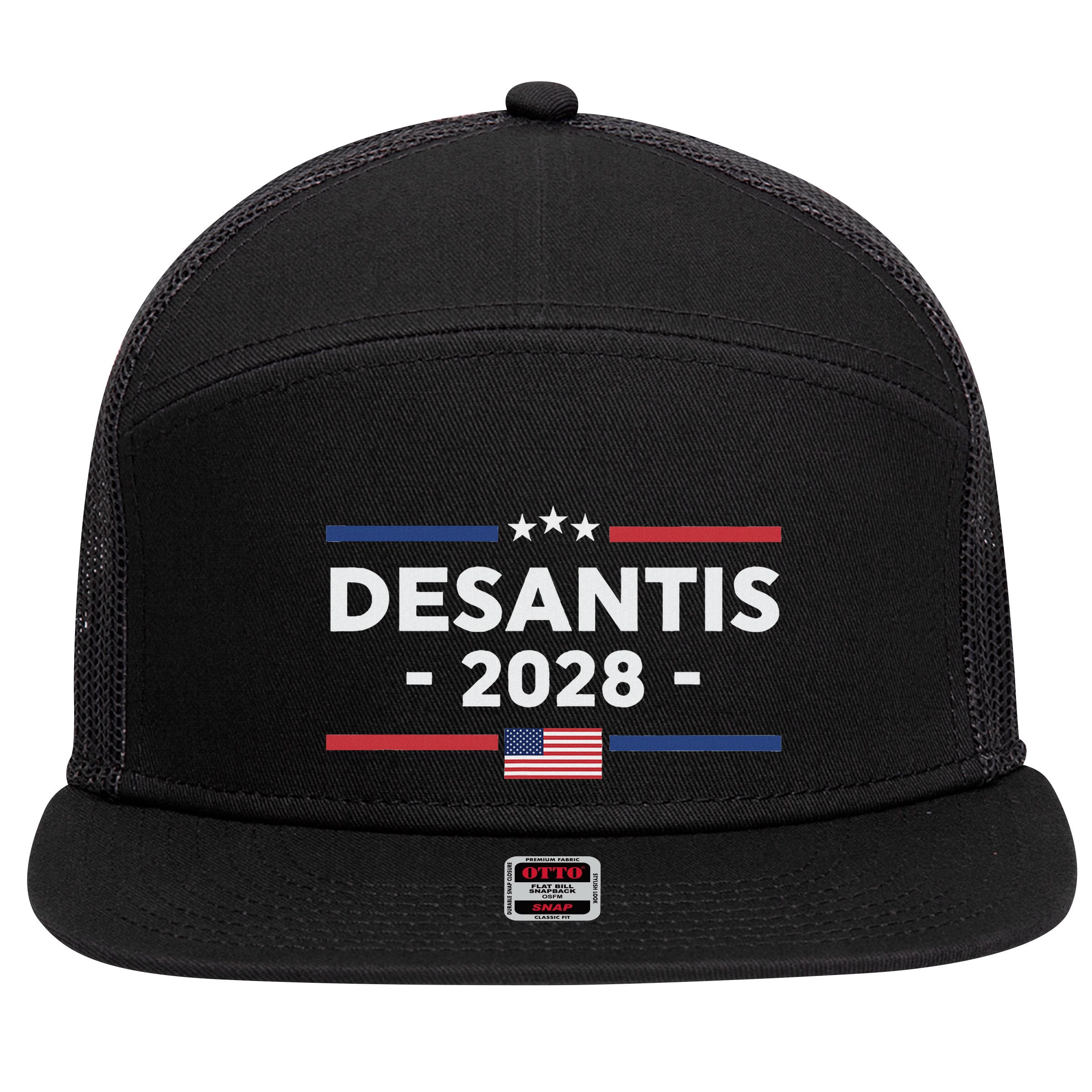 Desantis 2028 Ron Desantis 2028 President Election Us Flag 7 Panel Mesh Trucker Snapback Hat