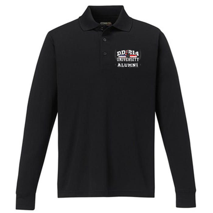 DD 214 University Alumni Military Vet Retired Veteran Flag Performance Long Sleeve Polo