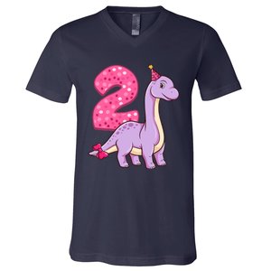 Dinosaur 2 Year Old 2nd Birthday Party Girl V-Neck T-Shirt