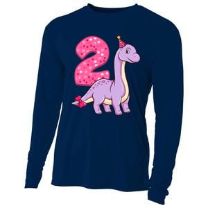 Dinosaur 2 Year Old 2nd Birthday Party Girl Cooling Performance Long Sleeve Crew