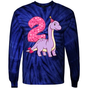 Dinosaur 2 Year Old 2nd Birthday Party Girl Tie-Dye Long Sleeve Shirt