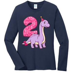 Dinosaur 2 Year Old 2nd Birthday Party Girl Ladies Long Sleeve Shirt