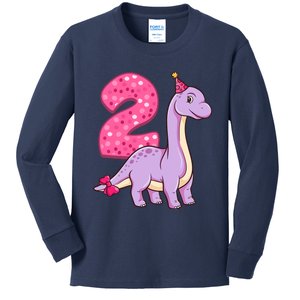 Dinosaur 2 Year Old 2nd Birthday Party Girl Kids Long Sleeve Shirt