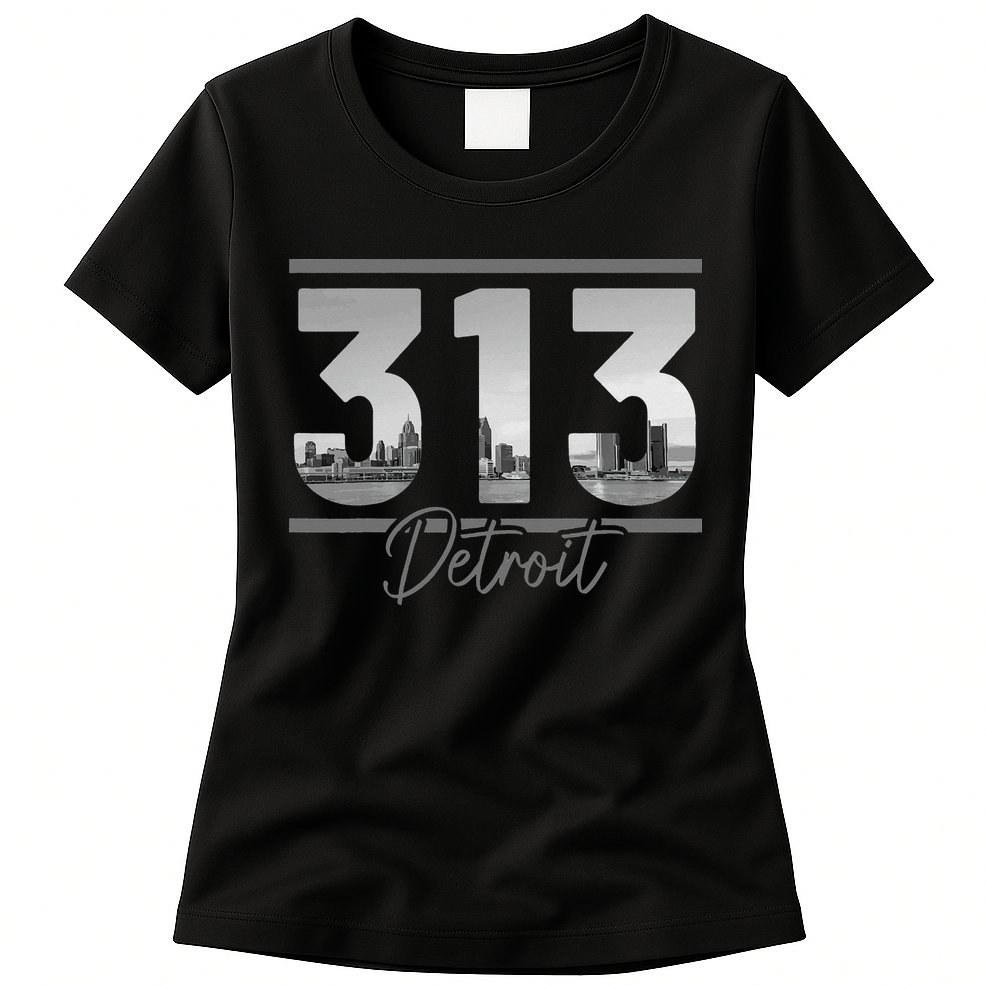 Detroit 313 Area Code Skyline Michigan Vintage Womens T-Shirt