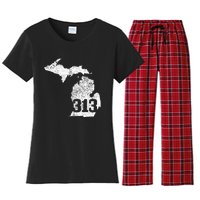 Detroit 313 Area Code Michigan Map State Pride Vintage Women's Flannel Pajama Set