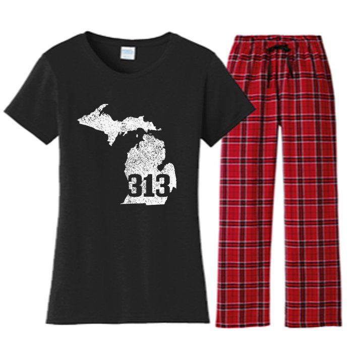 Detroit 313 Area Code Michigan Map State Pride Vintage Women's Flannel Pajama Set