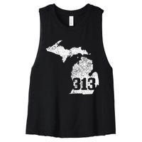 Detroit 313 Area Code Michigan Map State Pride Vintage Women's Racerback Cropped Tank