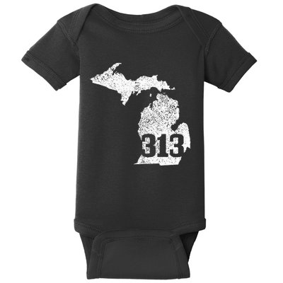 Detroit 313 Area Code Michigan Map State Pride Vintage Baby Bodysuit