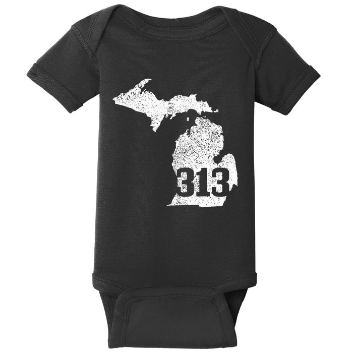 Detroit 313 Area Code Michigan Map State Pride Vintage Baby Bodysuit