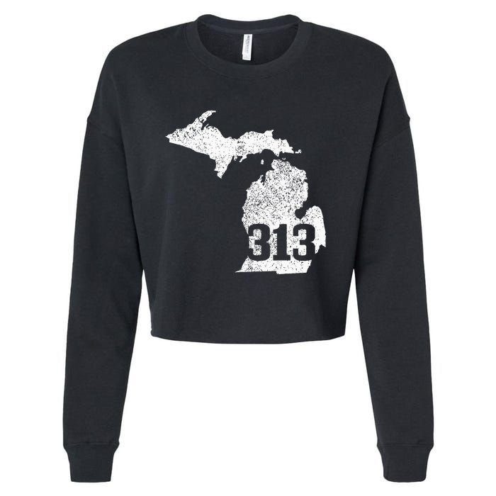 Detroit 313 Area Code Michigan Map State Pride Vintage Cropped Pullover Crew