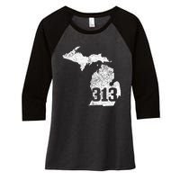 Detroit 313 Area Code Michigan Map State Pride Vintage Women's Tri-Blend 3/4-Sleeve Raglan Shirt