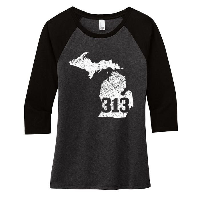 Detroit 313 Area Code Michigan Map State Pride Vintage Women's Tri-Blend 3/4-Sleeve Raglan Shirt