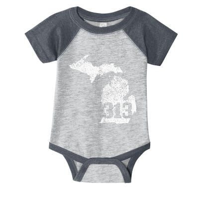 Detroit 313 Area Code Michigan Map State Pride Vintage Infant Baby Jersey Bodysuit