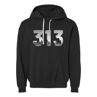 Detroit 313 Area Code Skyline Michigan Vintage Garment-Dyed Fleece Hoodie