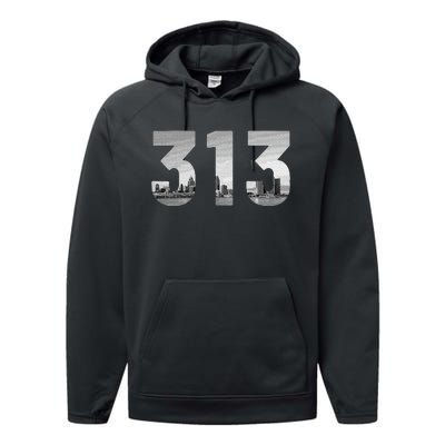 Detroit 313 Area Code Skyline Michigan Vintage Performance Fleece Hoodie