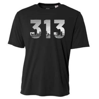 Detroit 313 Area Code Skyline Michigan Vintage Cooling Performance Crew T-Shirt