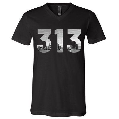 Detroit 313 Area Code Skyline Michigan Vintage V-Neck T-Shirt
